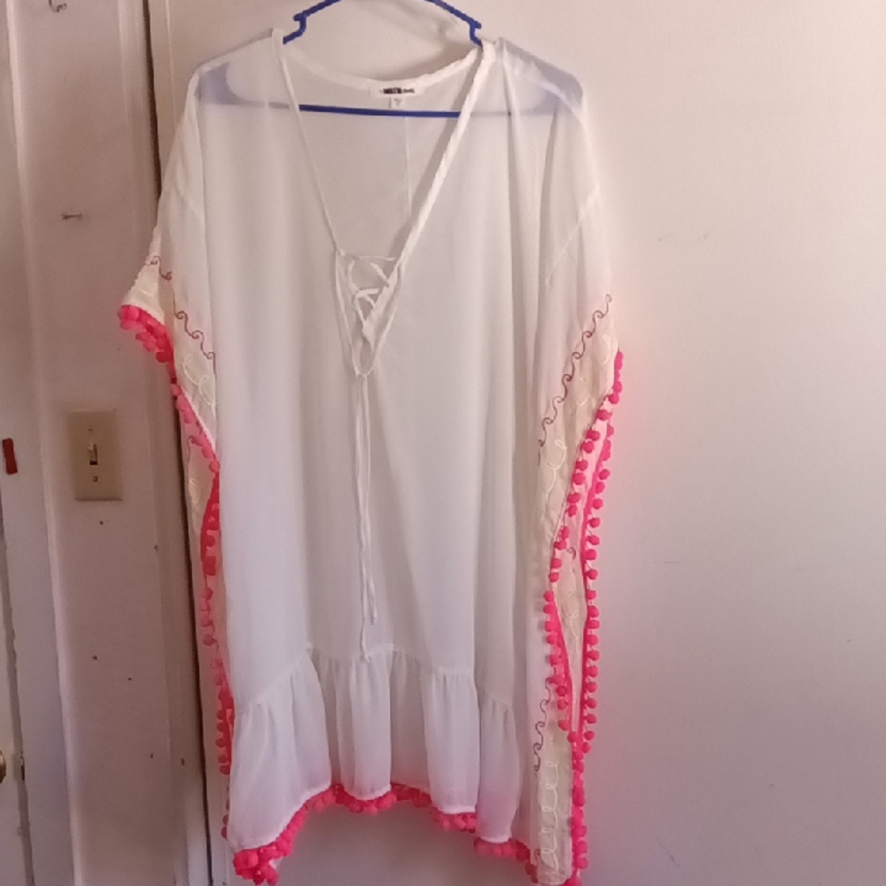 White and Pink Swim Coverup with Pom-Pom Trim